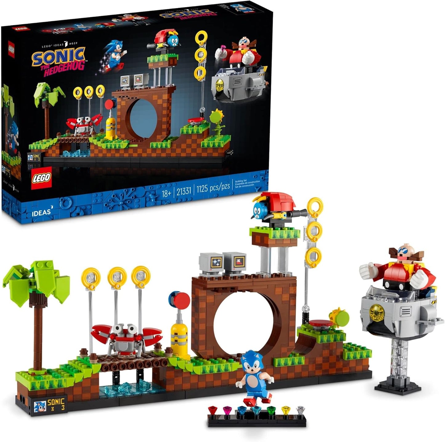 LEGO Ideas Sonic The Hedgehog - Juego coleccionable Green Hill Zone 21331, idea de regalo nostálgica de los años 90 para adultos con figura de Dr. Eggman y Eggmobile