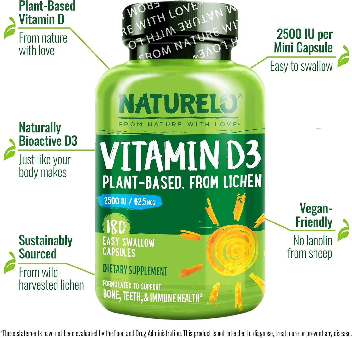 NATURELO Vitamina D \u2013 2500 UI \u2013 A base de plantas de liqu...