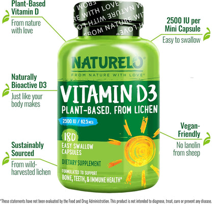 NATURELO Vitamina D - 2500 UI - Basada en plantas de liquen - Suple...