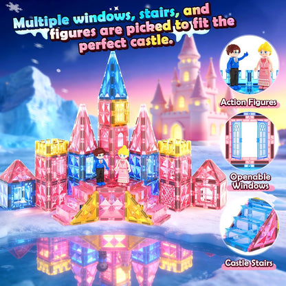 Magnetic Tiles 102pcs with 2 Stairs 2 Dolls Princess Castle Magneti...
