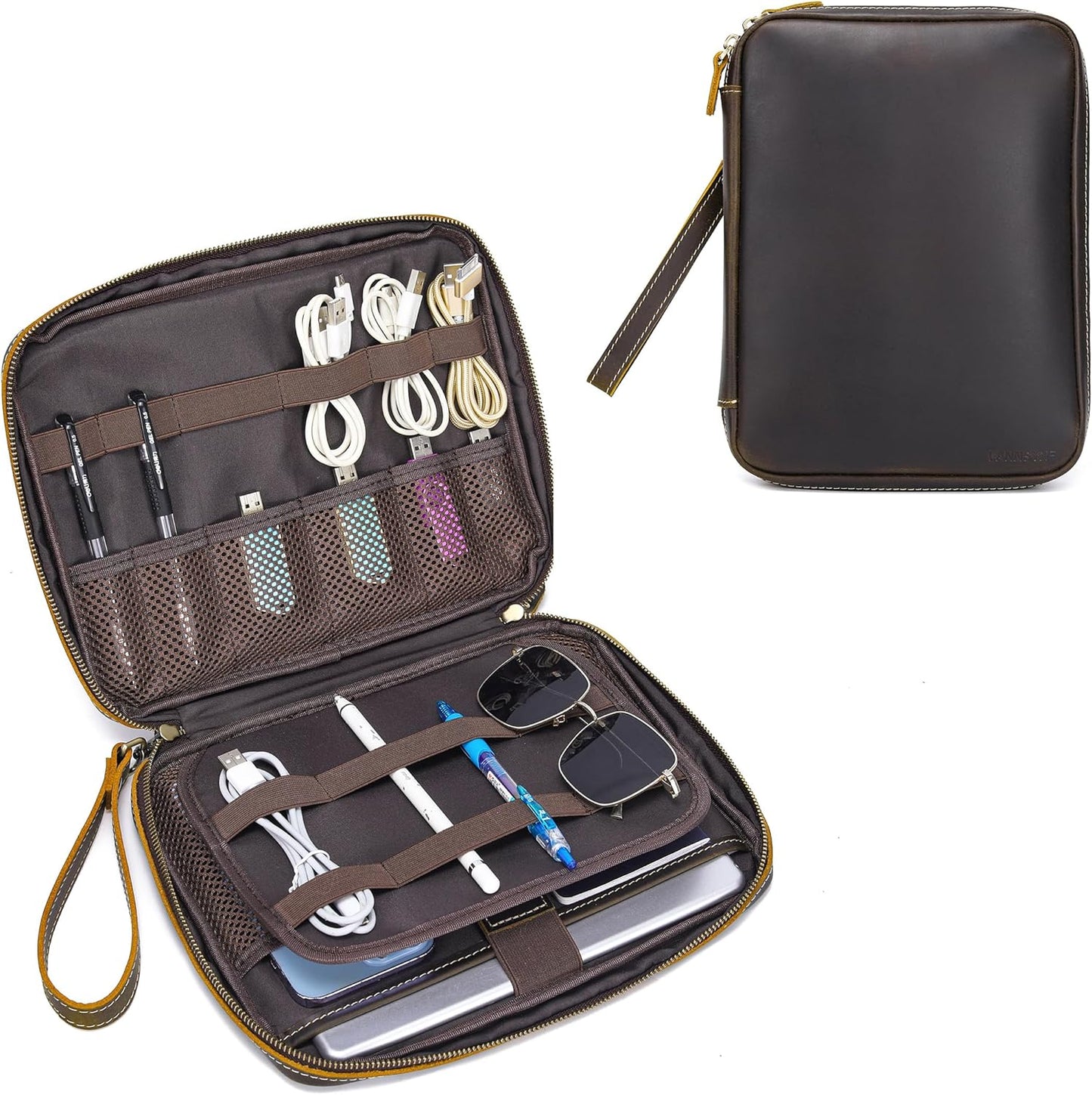 LANNSYNE Organizador electrónico de cuero de grano completo accesorio bolsa de tecnología de viaje, bolsa de accesorios de cable, estuche de transporte de almacenamiento para cargador, teléfono, banco