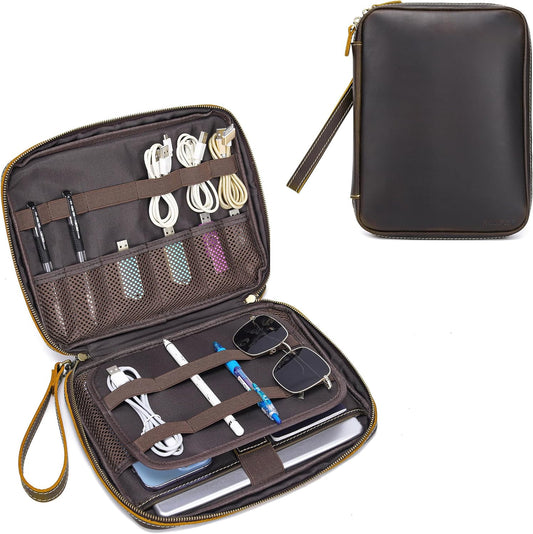 LANNSYNE Organizador electrónico de cuero de grano completo accesorio bolsa de tecnología de viaje, bolsa de accesorios de cable, estuche de transporte de almacenamiento para cargador, teléfono, banco