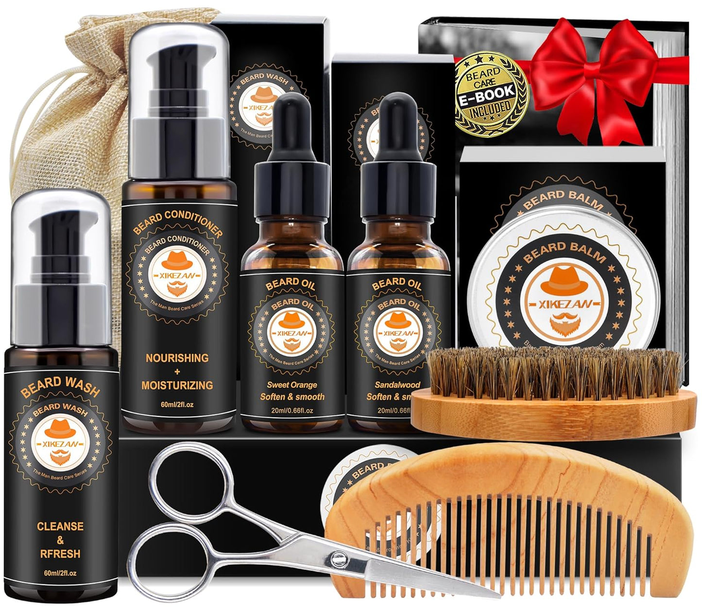 XIKEZAN Kit mejorado de aseo para barba con acondicionador de barba, aceite de barba, bálsamo para barba, cepillo para barba, lavado de barba/champú, peine para barba, tijeras para barba, bolsa de