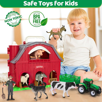 Juguetes de Animales de Granja para Niñas y Niños Pequeños de 1, 2, 3, 4, 5 Años, Gran Granero Rojo de Granja con Figuras de Animales y Juguete de Tractor para Niños, Set de Juego de Granja, Juguetes