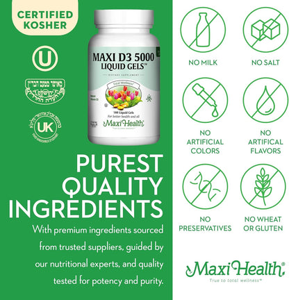 Maxi Health Vitamina D3 5000 UI cápsulas blandas \u2013 125 mcg D3...