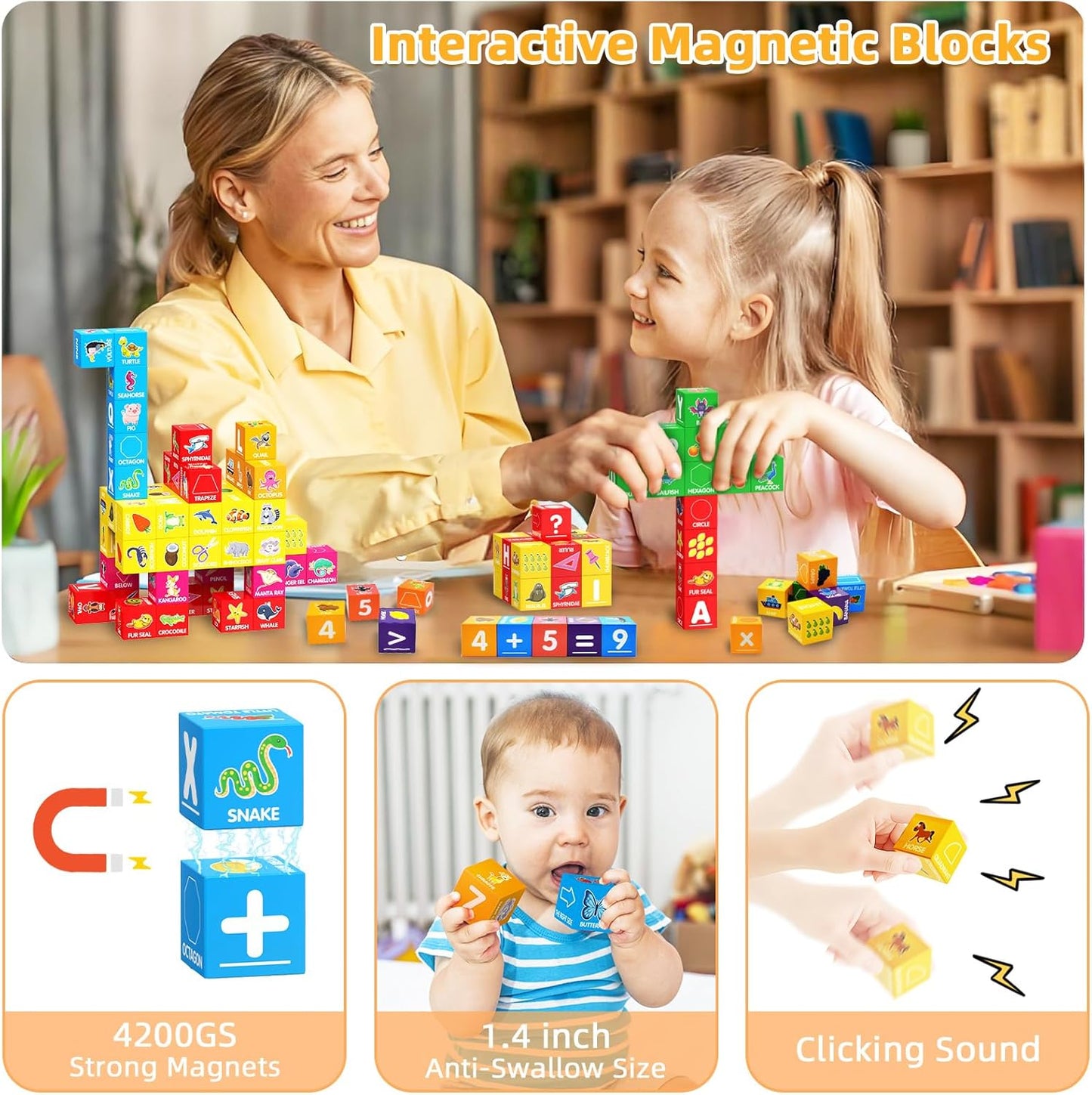 Bloques magnéticos para niños pequeños de 1 a 3, 1.4 pulgadas, bloques de construcción grandes, número ABC, juguetes de aprendizaje para niños de 1, 2, 3, 4, 5 años, juguetes educativos Montessori