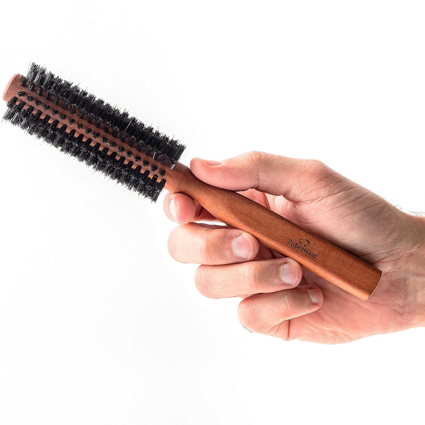ZilberHaar - Cepillo redondo para cabello y barba Styler - Cerdas rígidas de jabalí de 1.3 pulgadas y mango de madera de perlado de 8.5 pulgadas - 222 tapones de cerdas - Cepillo de aseo de barba para hombres