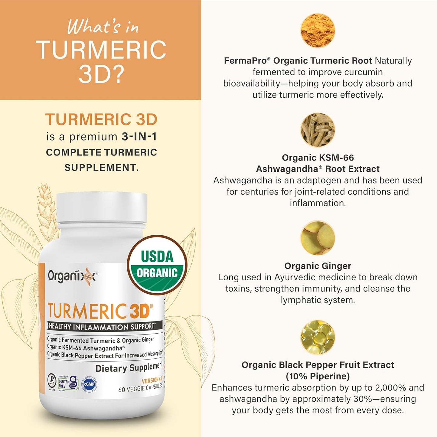 Organixx Suplemento orgánico de curcumina de cúrcuma USDA con Ashwa...