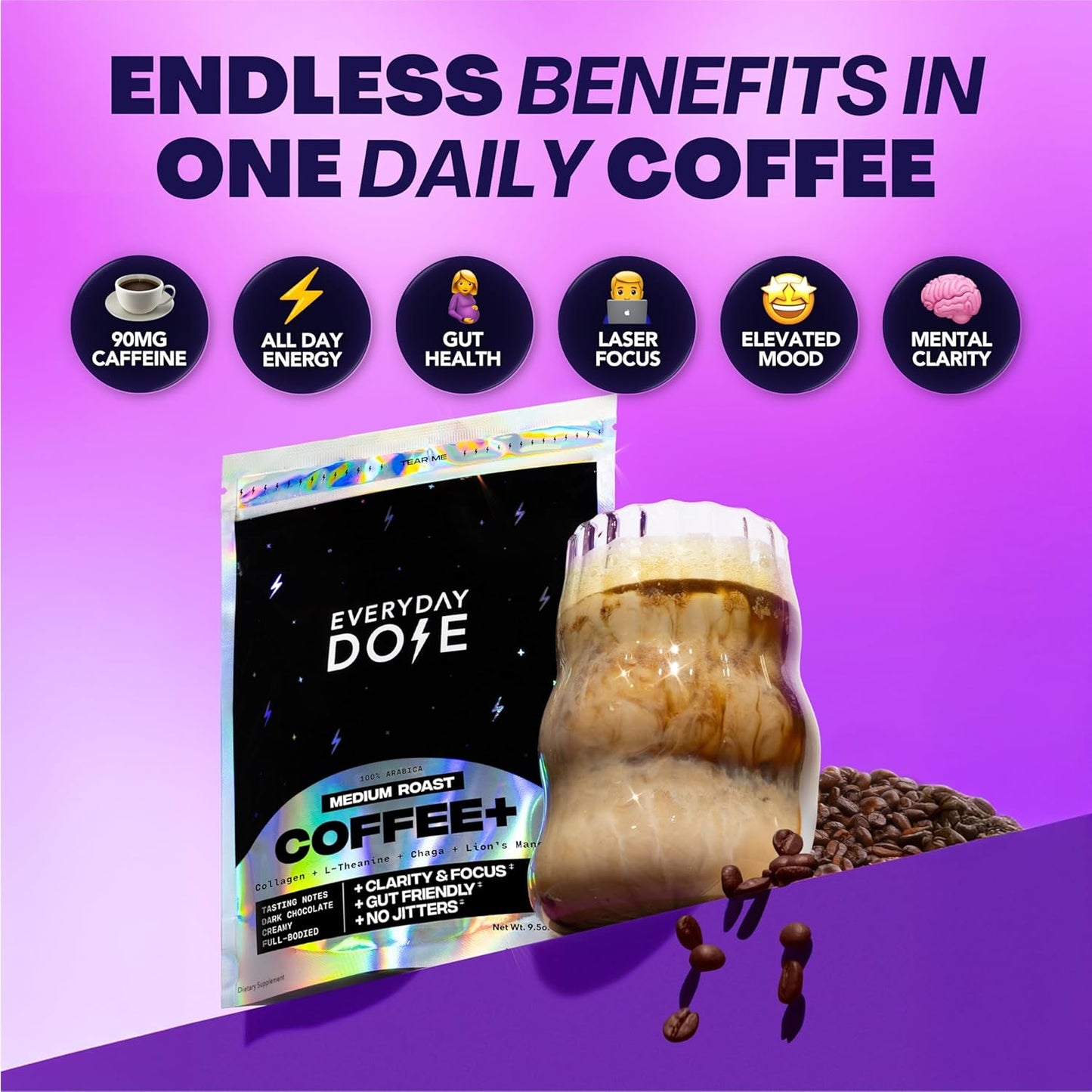 Everyday Dose Bold - Café de hongos de tostado medio, 90 mg de cafe...