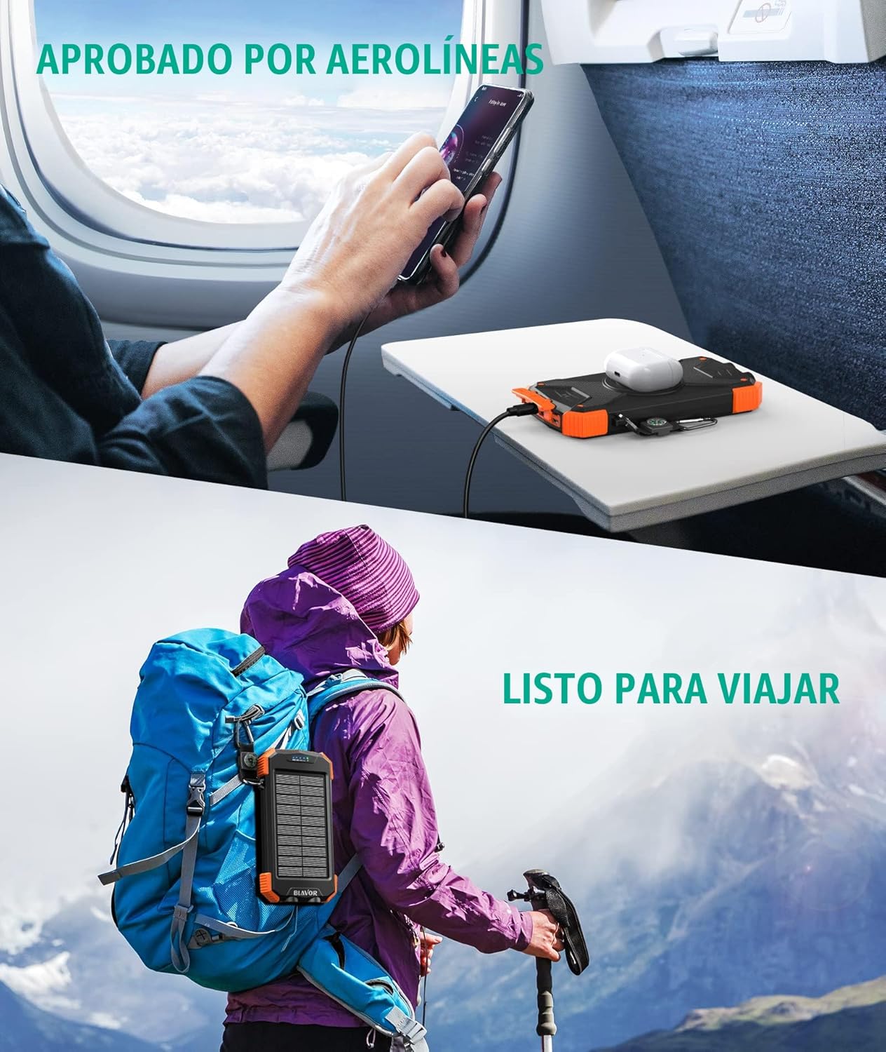 Blavor - Paquete de batería externa solar, cargador inalámbrico Qi...