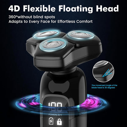 Maquinilla de afeitar eléctrica para hombres Flynth 3 en 1, afeitadora inalámbrica giratoria de 3 cuchillas húmeda/seca para barba, nariz y cara, IPX7, impermeable, carga rápida, recortadora de viaje