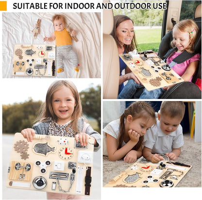 Montessori - Tabla de actividades para niños pequeños de 1, 2, 3, 4 años, juguetes sensoriales de madera, actividades de aprendizaje preescolar para habilidades motoras finas, juguete de viaje