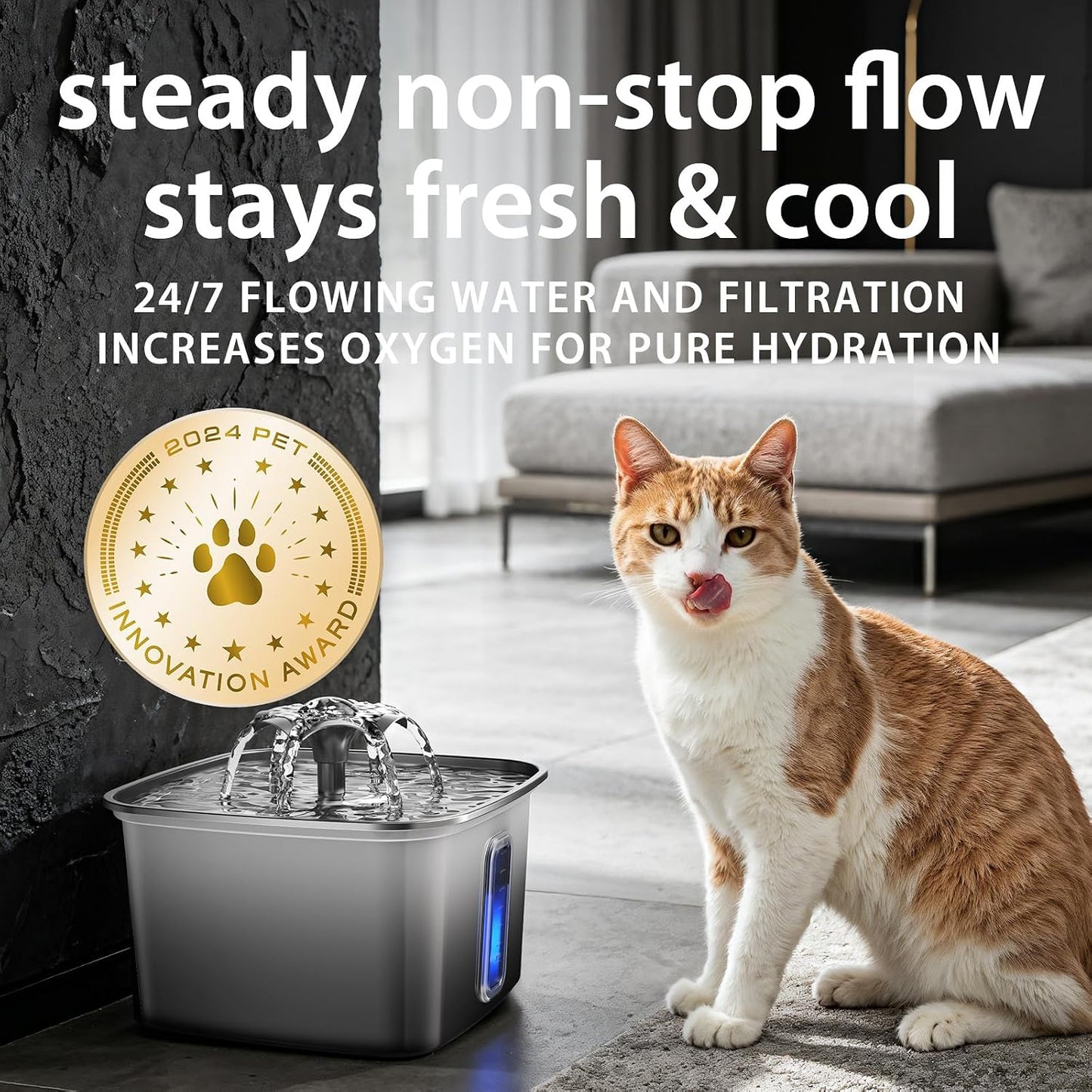 Fuente de agua para gatos de acero inoxidable, ganadora del premio...