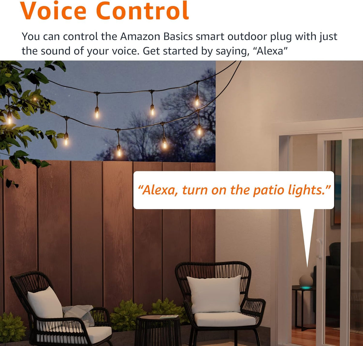 Amazon Basics Enchufe inteligente para exteriores con 2 tomas de corriente controladas individualmente, funciona solo con Alexa, Wi-Fi de 2.4 GHz, no requiere concentrador, color negro
