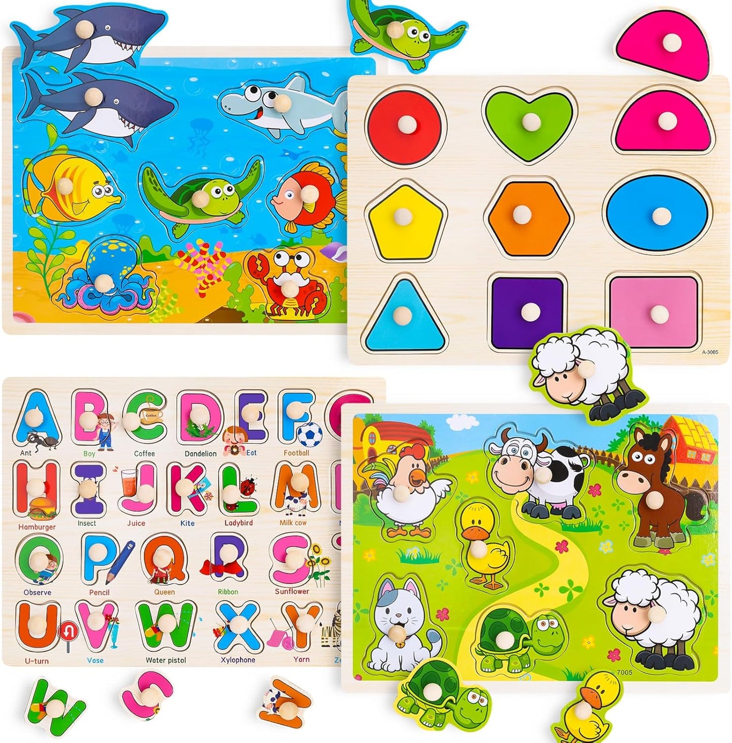Rompecabezas de madera con clavos para niños pequeños de 2, 3 y 4 años, 4 paquetes de juguetes Montessori para preescolar, rompecabezas de aprendizaje para niños pequeños de 1 a 3 años con animales