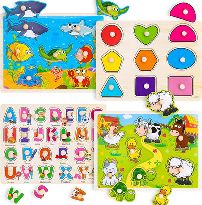 Rompecabezas de madera con clavos para niños pequeños de 2, 3 y 4 años, 4 paquetes de juguetes Montessori para preescolar, rompecabezas de aprendizaje para niños pequeños de 1 a 3 años con animales