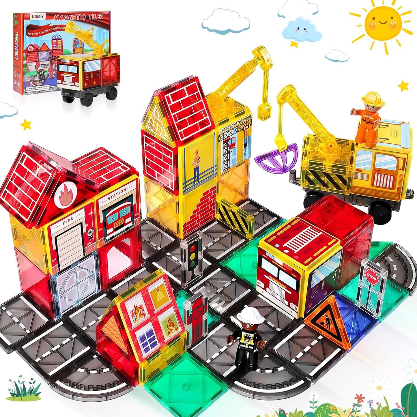 Juego de azulejos magnéticos de carretera con 2 grúas y azulejos ma...