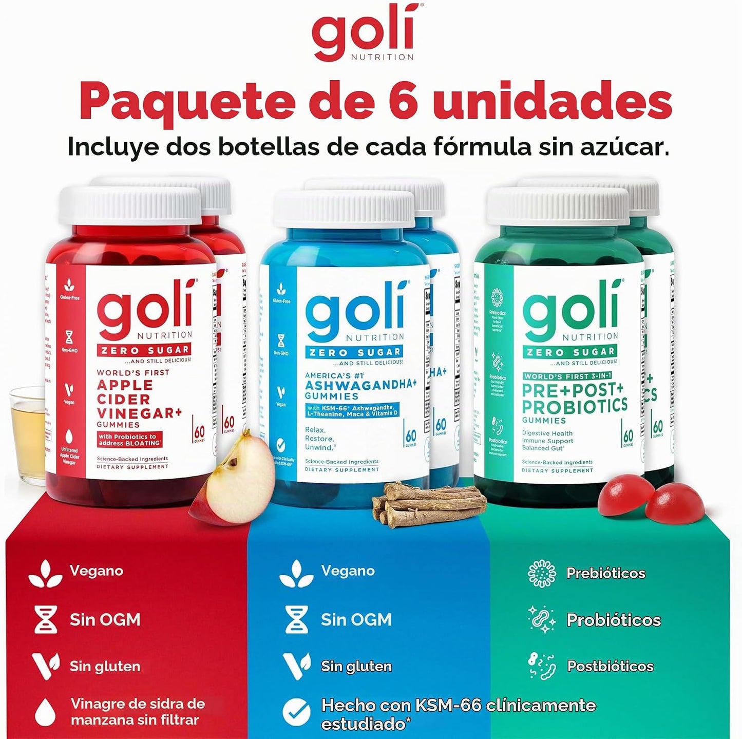 Paquete de 6 Goli Sin Azúcar - El primer 3-en-1 del mundo: Pre, Pos...