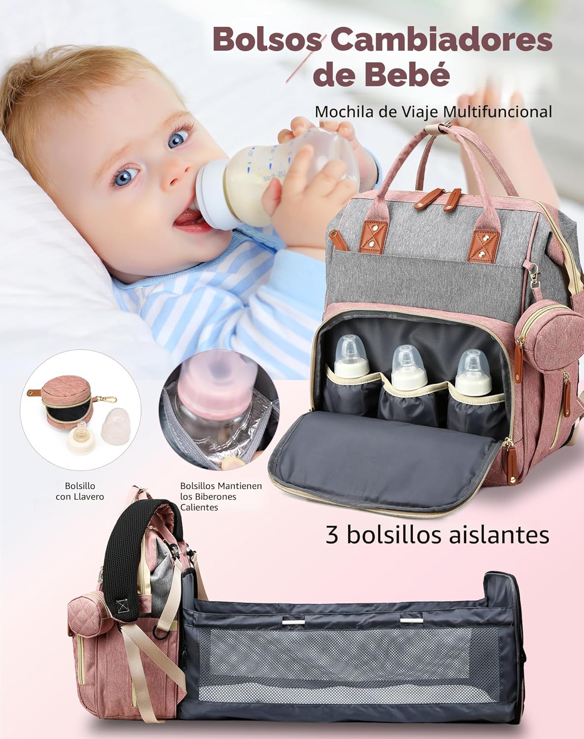 Lamroro Bolsa de pañales con cambiador, mochila impermeable 3 en 1...