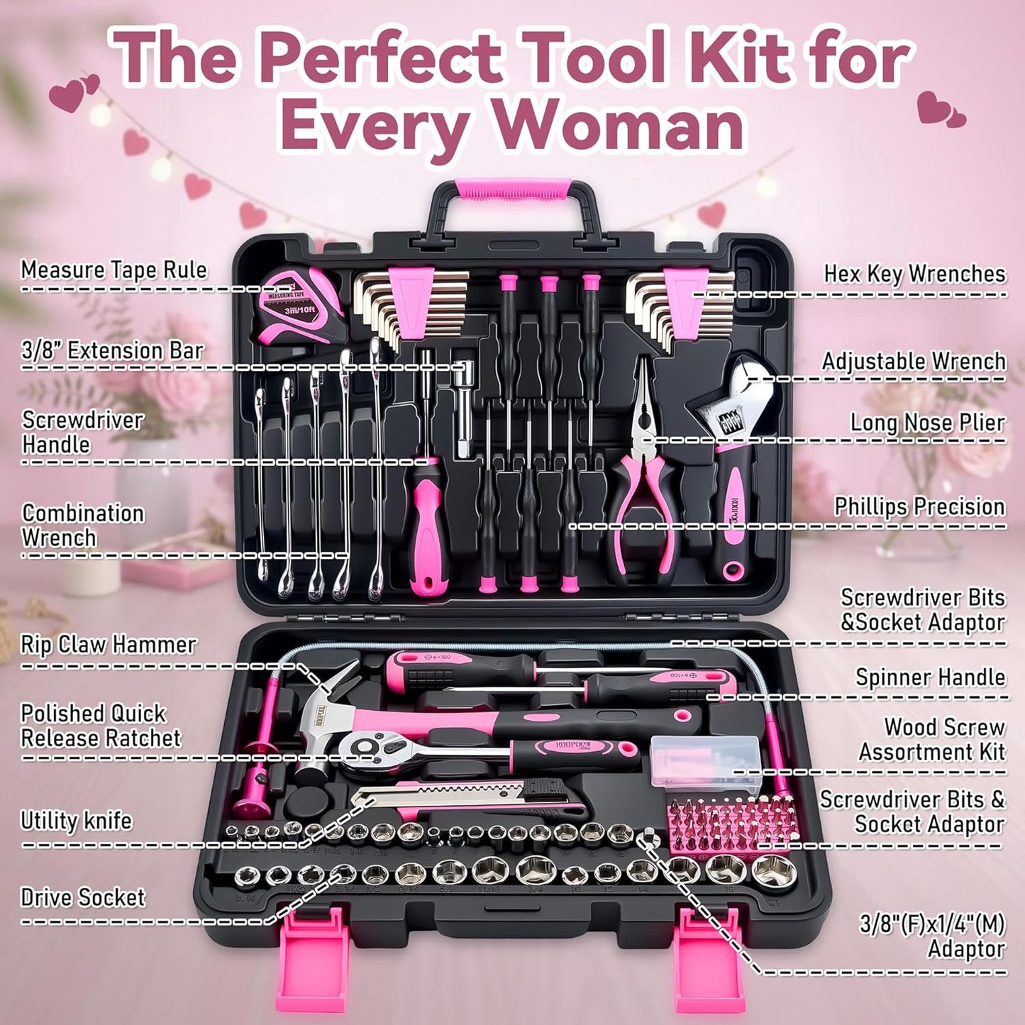KOOPOOL Juego de herramientas rosa de 159 piezas, kit de herramient...