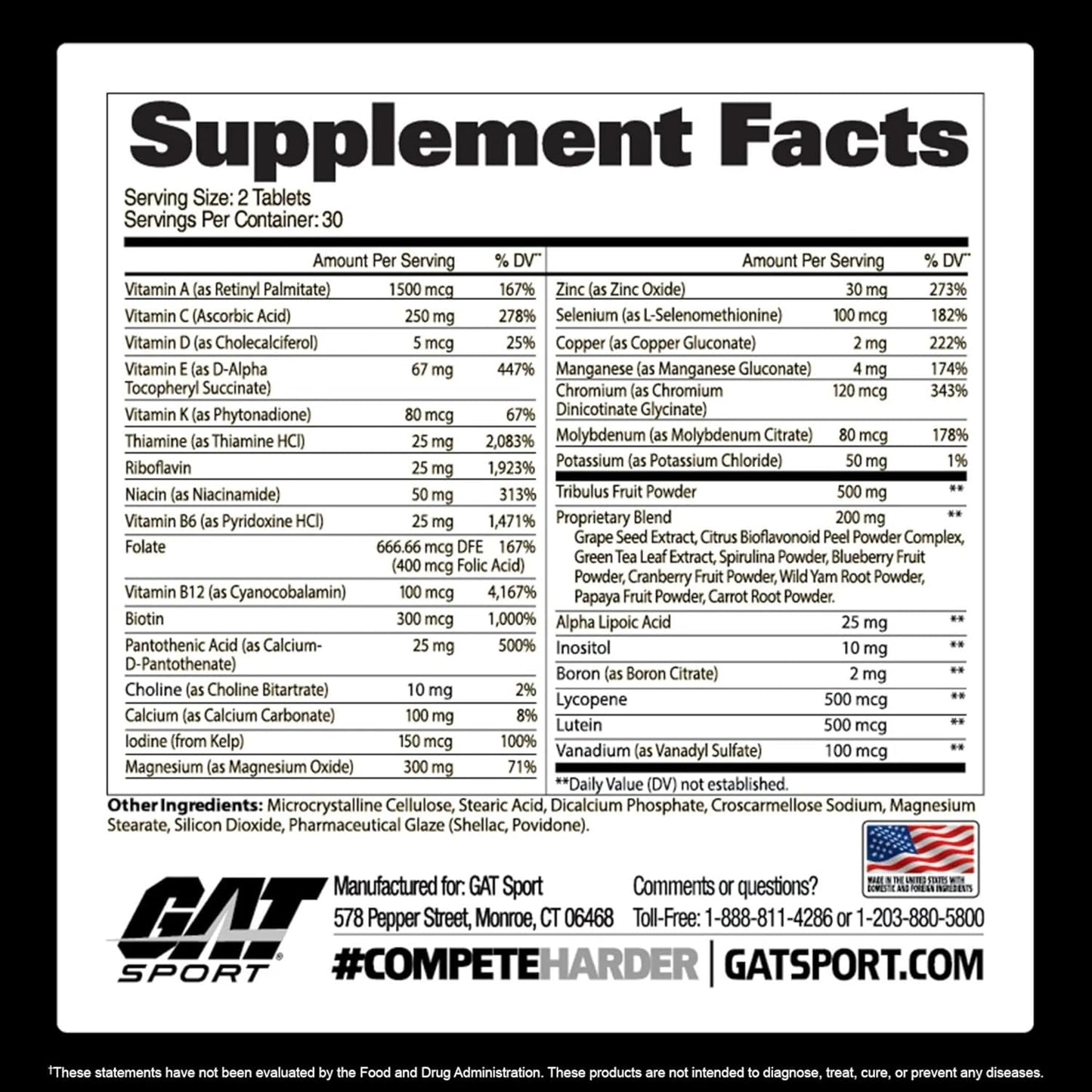 GAT SPORT Tabletas multivitamínicas premium para hombres Multi + Te...