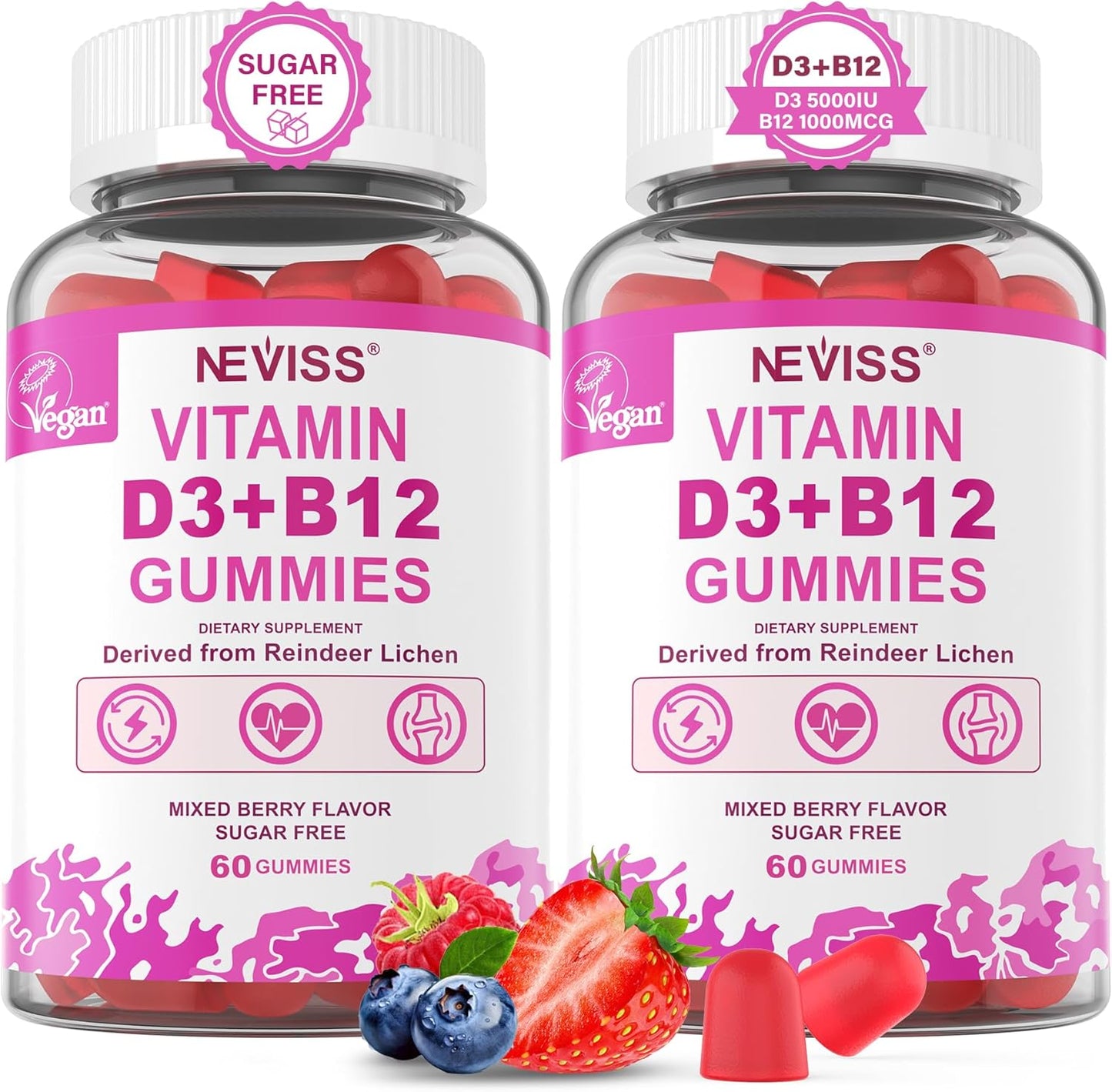NEVISS Paquete de 2 gomitas veganas de vitamina D3 + vitamina B12,...