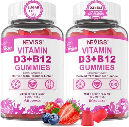 NEVISS Paquete de 2 gomitas veganas de vitamina D3 + vitamina B12,...