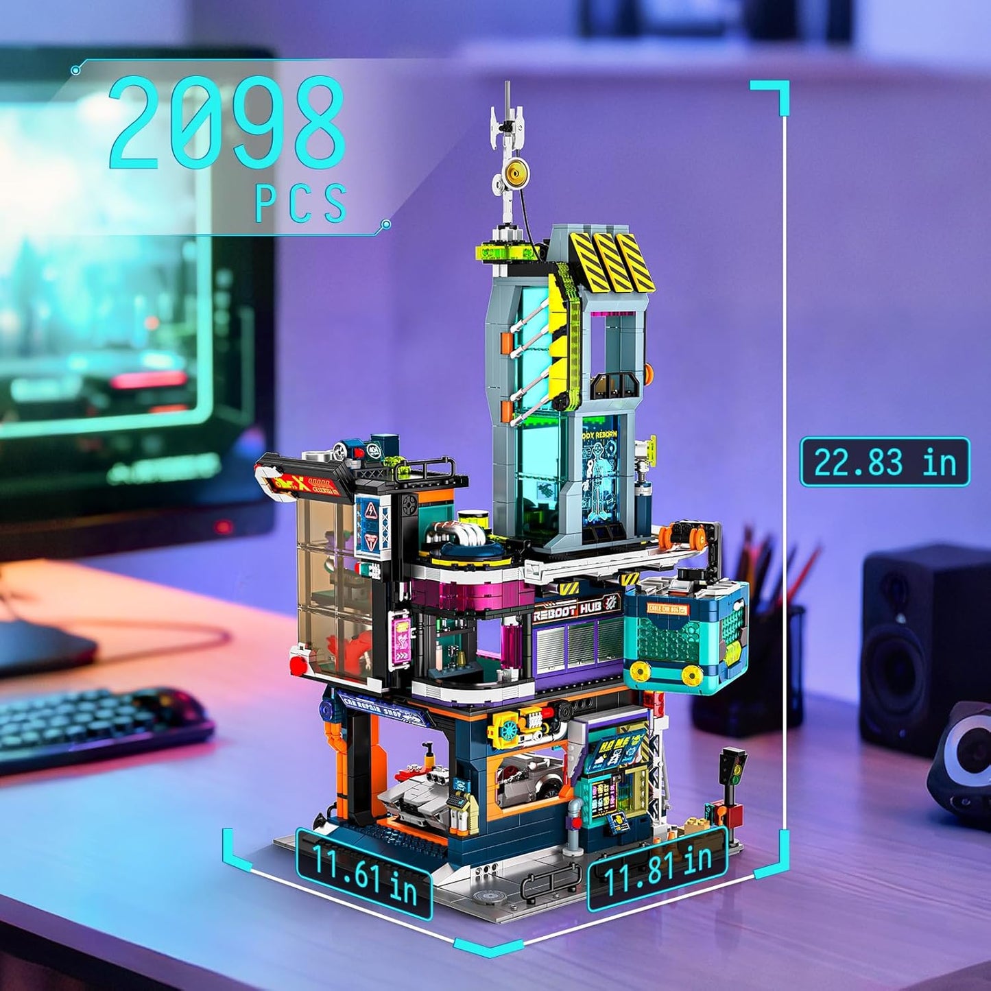 Cyber-Punk Mansion - Juego de bloques de construcción, 2098 piezas de neón para reparación de automóviles con automóvil deportivo de ciencia ficción, colección modular de vista de calle Cyber-Punk