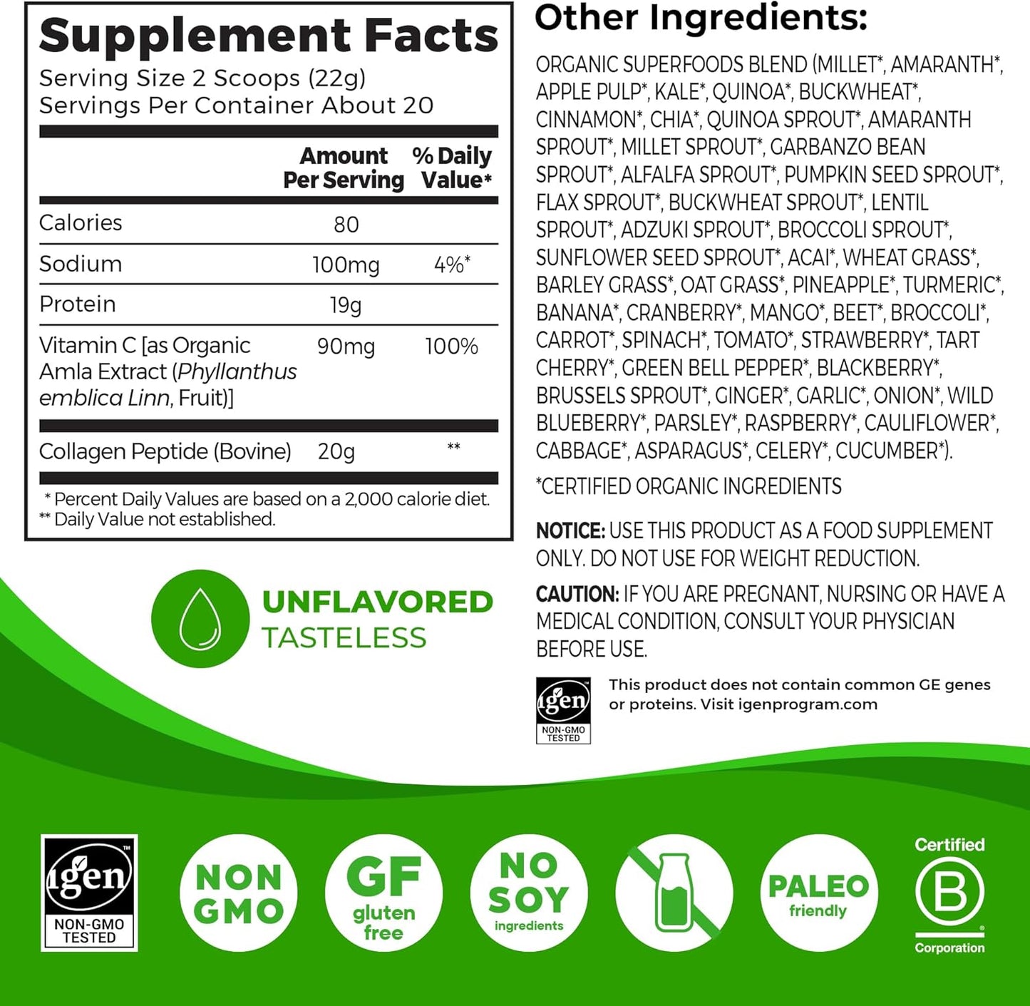 Orgain - Polvo de colágeno hidrolizado + 50 superalimentos orgánico...