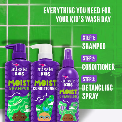 Paquete de cuidado capilar para niños Aussie que incluye: champú (16 fl oz), acondicionador (16 fl oz) y spray desenredante (8 fl oz), libre de parabenos, sin sulfatos, sin colorantes, sin crueldad