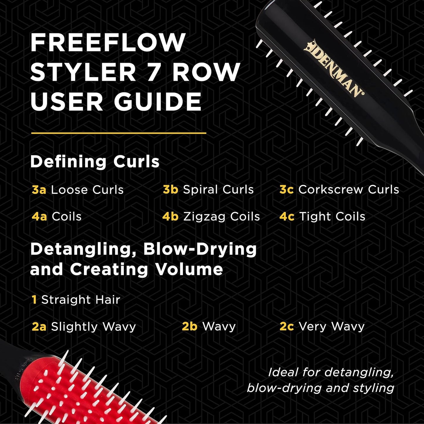 Denman Free Flow D31 - Cepillo de peinado de 7 filas, herramienta de peinado 3 en 1 para crear volumen, desenredar cabello grueso y definir rizos, D31