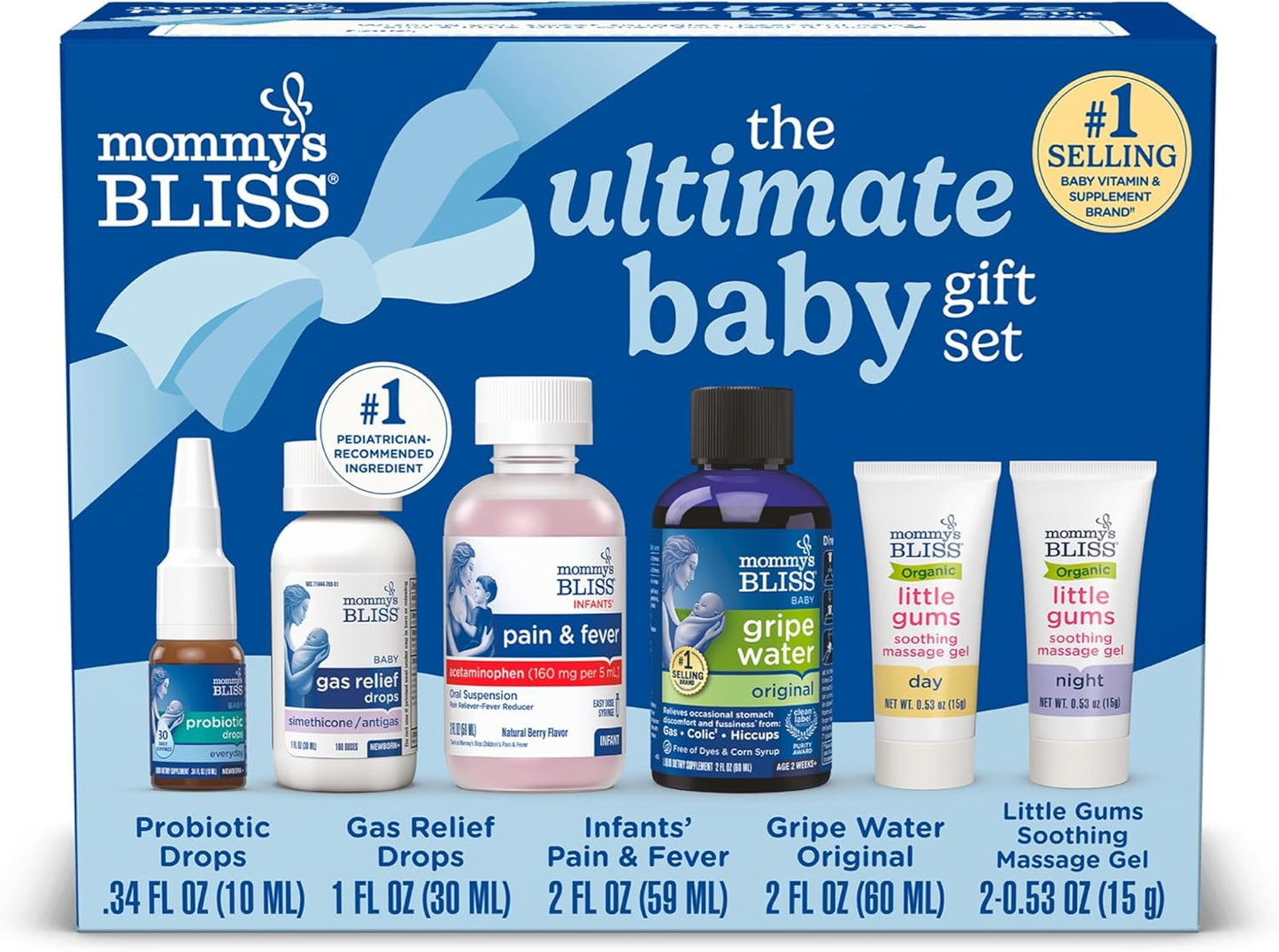Mommy's Bliss Set de regalo definitivo para bebés, agua de gripe, gotas probióticas, medicamentos para el dolor y la fiebre, gotas de alivio de gases y gel de masaje de encías