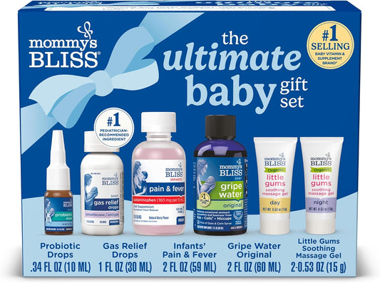 Mommy's Bliss Set de regalo definitivo para bebés, agua de gripe, gotas probióticas, medicamentos para el dolor y la fiebre, gotas de alivio de gases y gel de masaje de encías