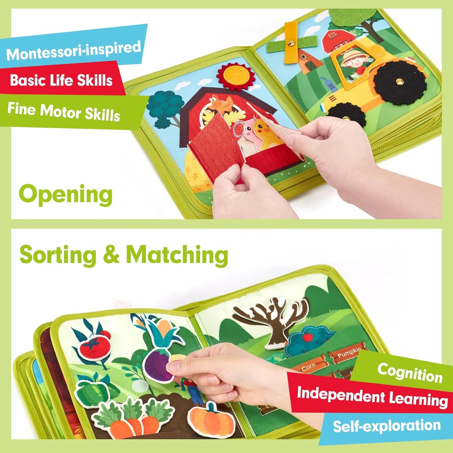 hahaland Libro de actividades para niños pequeños de 1 a 3 años, tablero de actividades Montessori Toys para niños de 1, 2, 3, 4 años, regalo de cumpleaños, libro de actividades silencioso 20 en 1 con