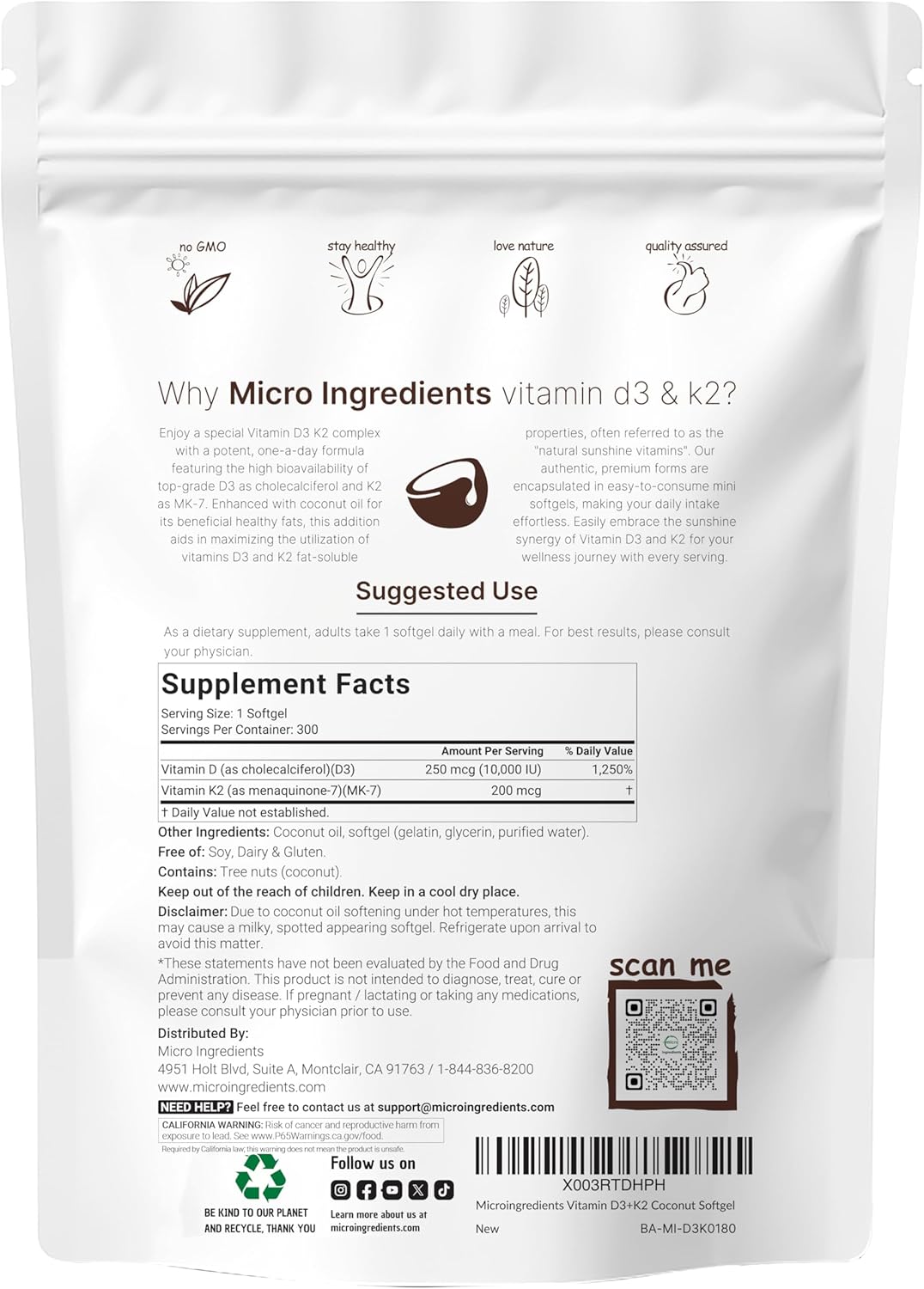 Micro Ingredients Vitamina D3 10,000 UI + K2 MK-7 200 mcg, 300 cáps...