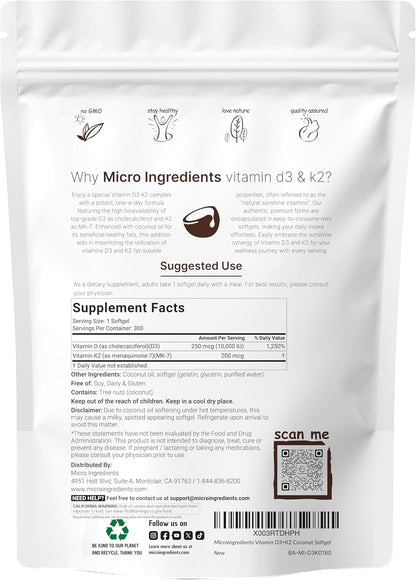 Micro Ingredients Vitamina D3 10,000 UI + K2 MK-7 200 mcg, 300 cáps...