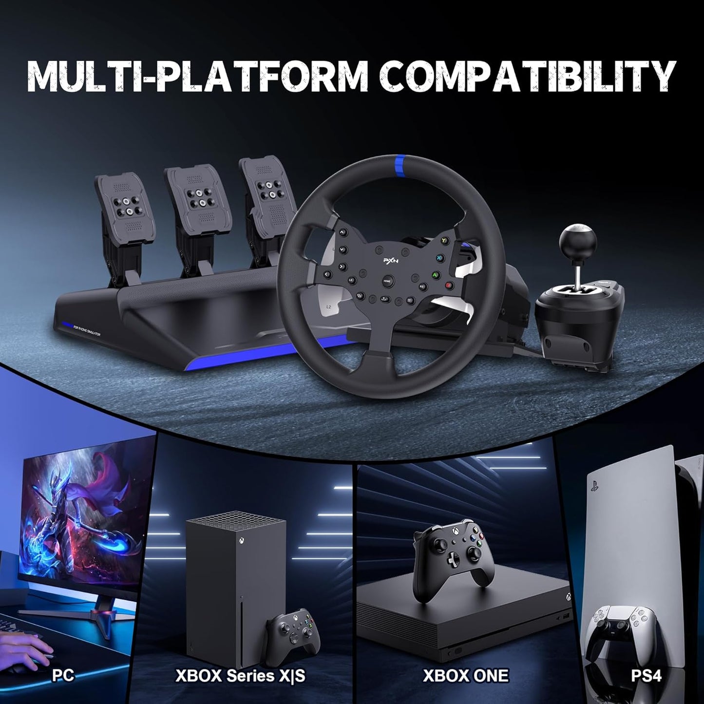 PXN V99 Force Feedback Steering Wheel, 270-900 Degree, with 3 - Pedals and Shifter Bundle for PC, PS4, Xbox One, Xbox Series X/S