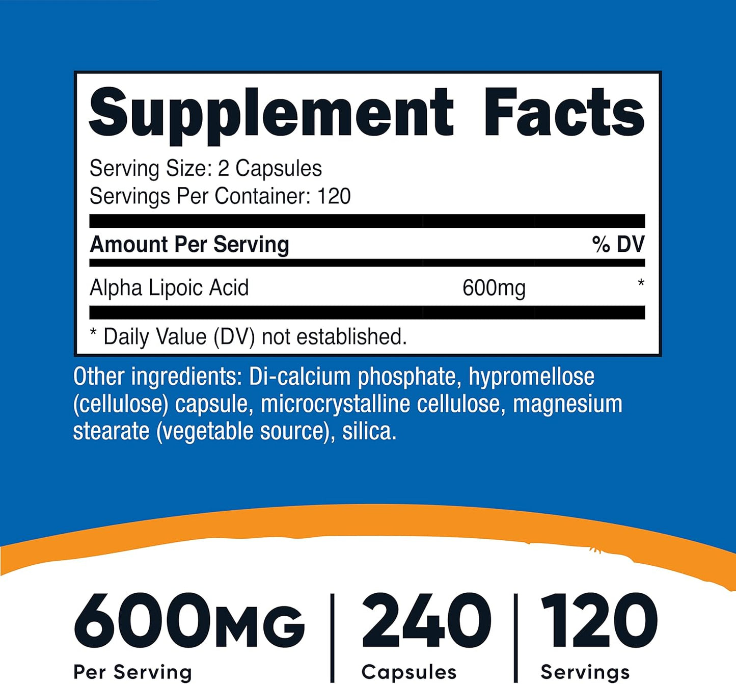 Suplemento Nutricost Ácido Alfa Lipoico, 0.02 oz por porción, 120 p...