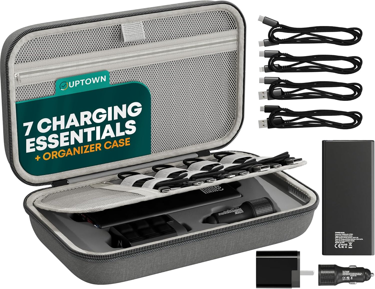 Uptown Paquete de tecnología de carga de viaje de 7 piezas, cargador portátil de 10,000 mAh, adaptador de pared GaN de 45 W, cargador de automóvil de 48 W y 4 cables con organizador de cables, esenciales de viaje para teléfonos, tabletas y computadoras po