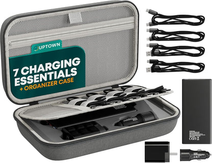 Uptown Paquete de tecnología de carga de viaje de 7 piezas, cargador portátil de 10,000 mAh, adaptador de pared GaN de 45 W, cargador de automóvil de 48 W y 4 cables con organizador de cables, esenciales de viaje para teléfonos, tabletas y computadoras po
