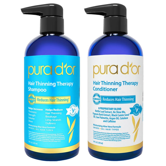 PURA D'OR Juego de champú y acondicionador de biotina para terapia contra el adelgazamiento del cabello, resultados eficaces PROBADOS CLÍNICAMENTE, productos para espesar el cabello para mujeres y