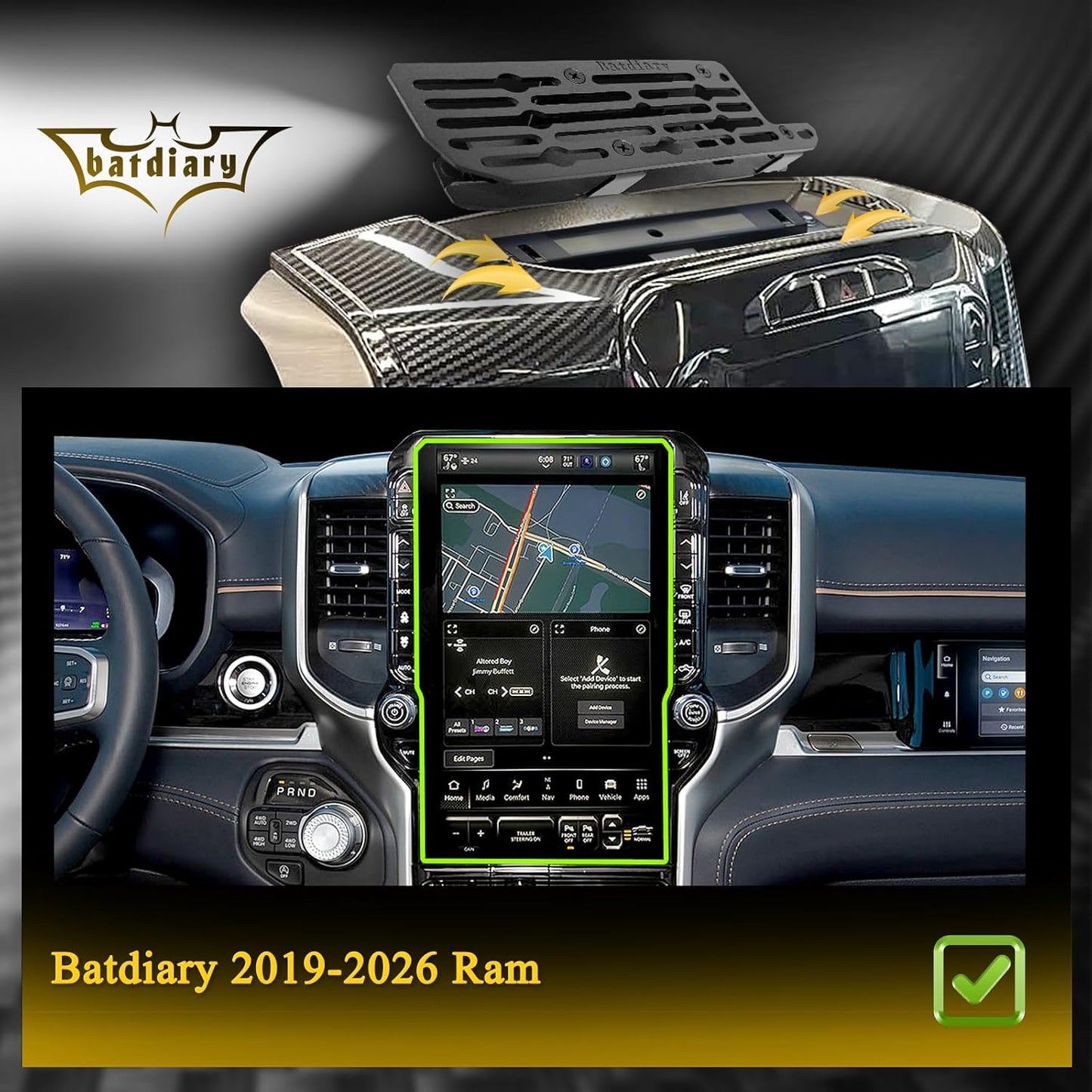 Ram 1500 - Soporte magnético para teléfono compatible con Dodge Ram 1500 2500 3500 TRX Accesorios de fibra de carbono de metal para teléfono celular, montaje en tablero, instalación sin