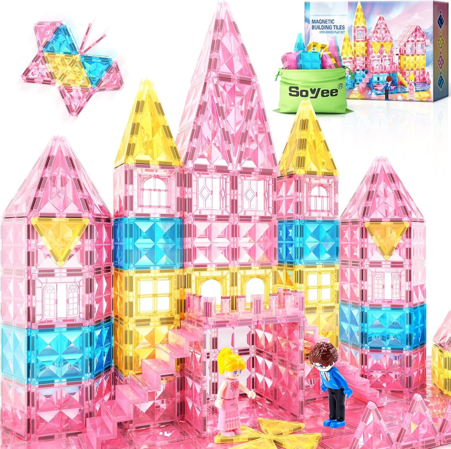Magnetic Tiles 102pcs with 2 Stairs 2 Dolls Princess Castle Magneti...