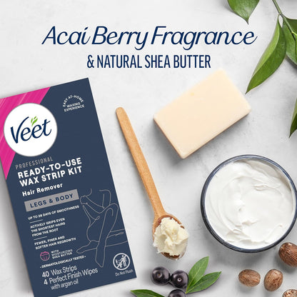 VEET Tiras de cera de azúcar para depilación corporal de mujer, kit de depilación de bikini, púbico, dermatológicamente probado para áreas corporales e íntimas, 40 tiras de cera con manteca de karité