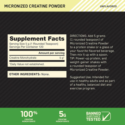 Optimum Nutrition Creatina Micronizada Monohidrato en Polvo, Sin Sa...