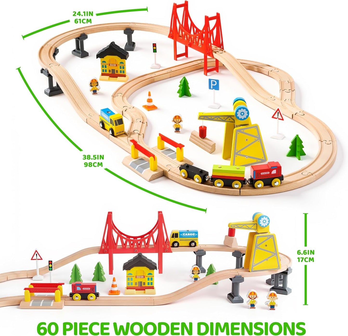 Juego de trenes de madera de 60 piezas, trenes magnéticos de juguet...