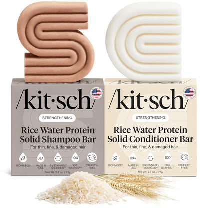 Kitsch Champú y acondicionador sólido de proteína de agua de arroz para el crecimiento del cabello – Dúo fortalecedor del cuidado del cabello con proteína de arroz y vitaminas para reparación de daños – Sin parabenos, sulfatos y silicona, fabricado en Est