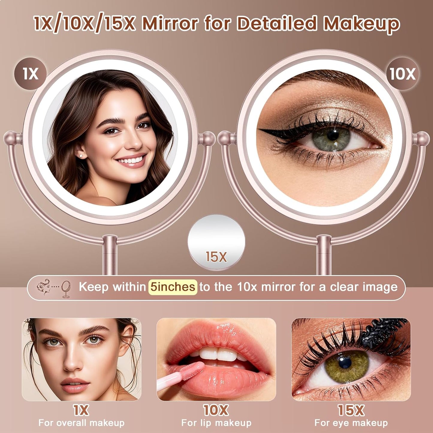 VESAUR Espejo de Maquillaje Iluminado de Níquel Oro Rosa, Espejo de...