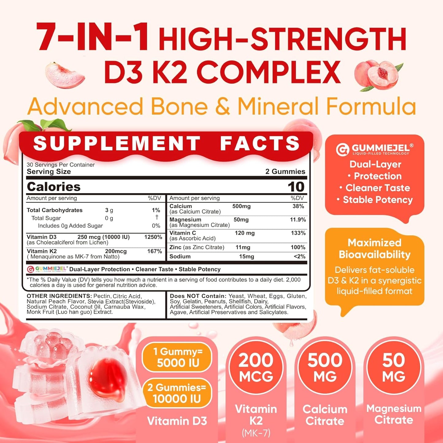 Gomas de vitamina D3 K2 5000UI \/ 10,000 UI con 500mg de calcio + K...