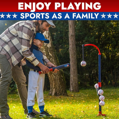 Juego de béisbol 3 en 1 para niños y niños pequeños de 3 a 5 años – Incluye soporte de pelota de camiseta, camiseta colgante, lanzador automático de bolas y 6 bolas de softball, altura ajustable para